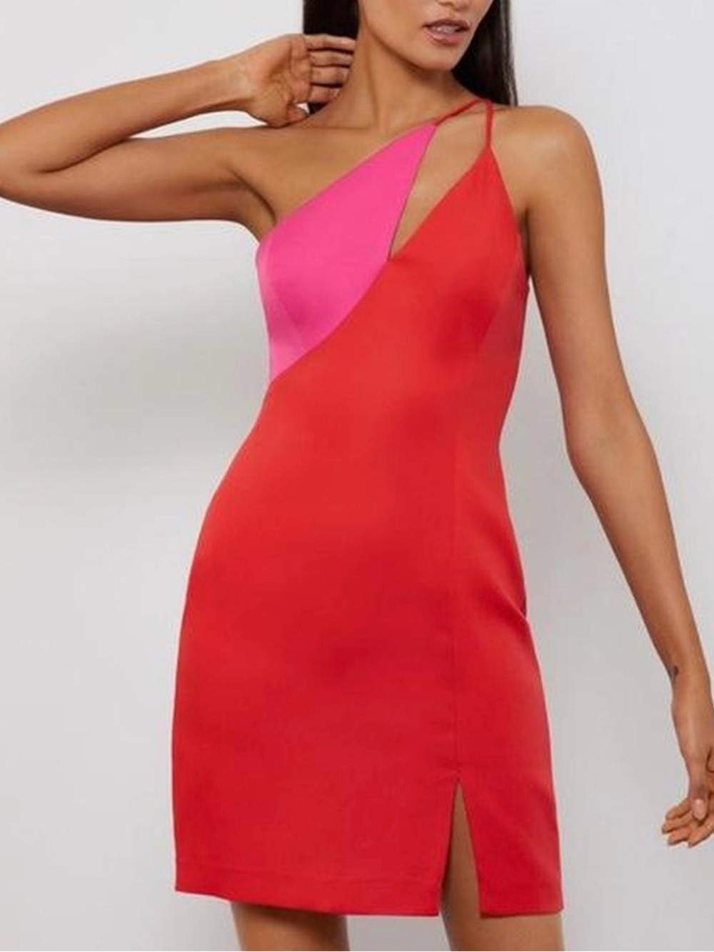 BCBGMaxAzria Red and Pink One-Shoulder Colorblock Mini Dress - Picture 3 of 9